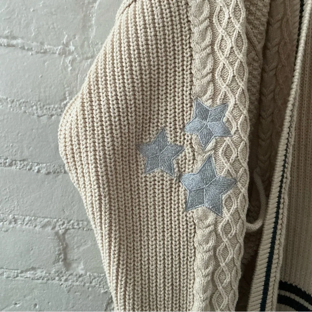 Altar’d State Oversized Cable Knit Cardigan Varsity Sweater Beige Star Patches - Picture 6 of 14